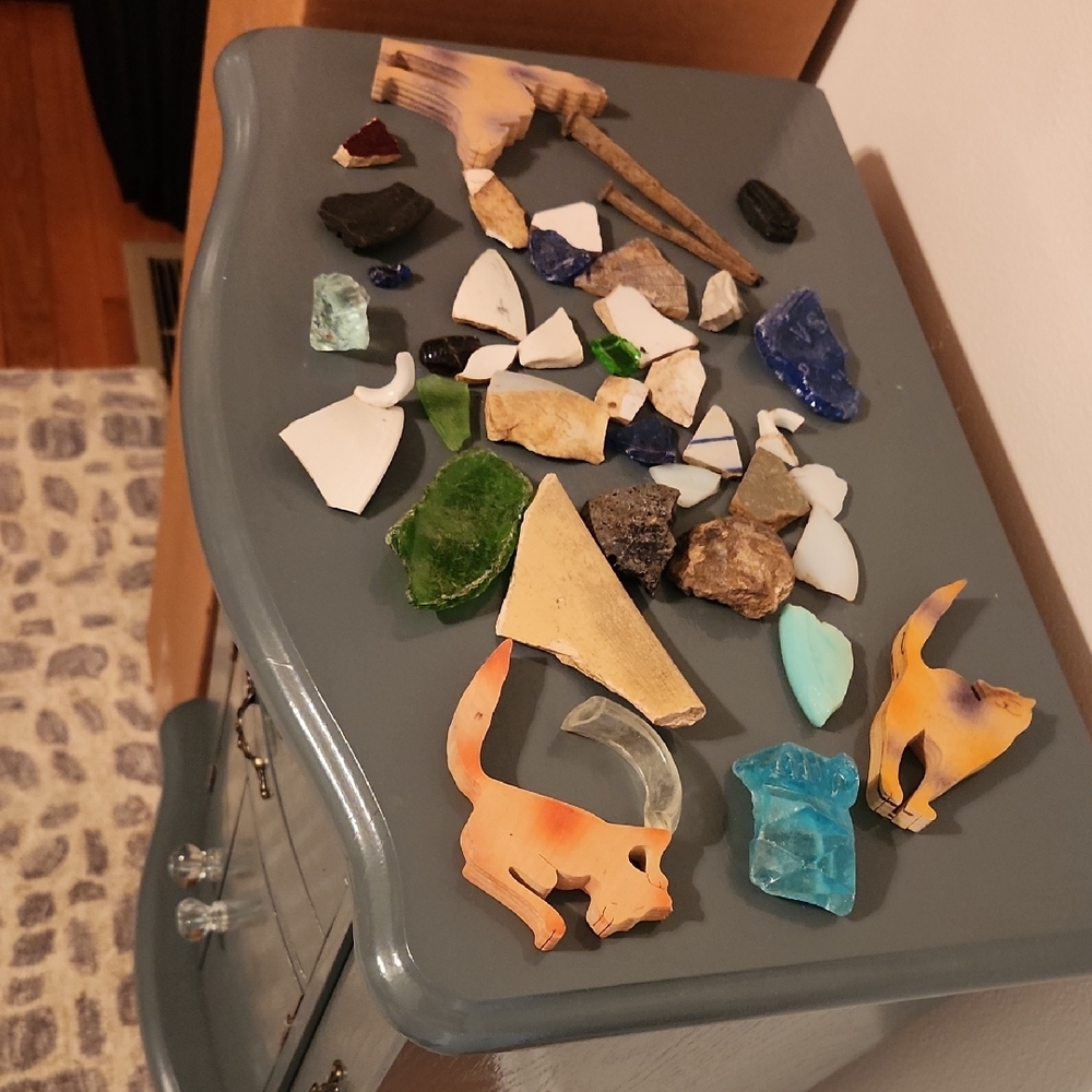 Assorted Colorful Vintage Pottery, Old Nails 3 Wood Cats